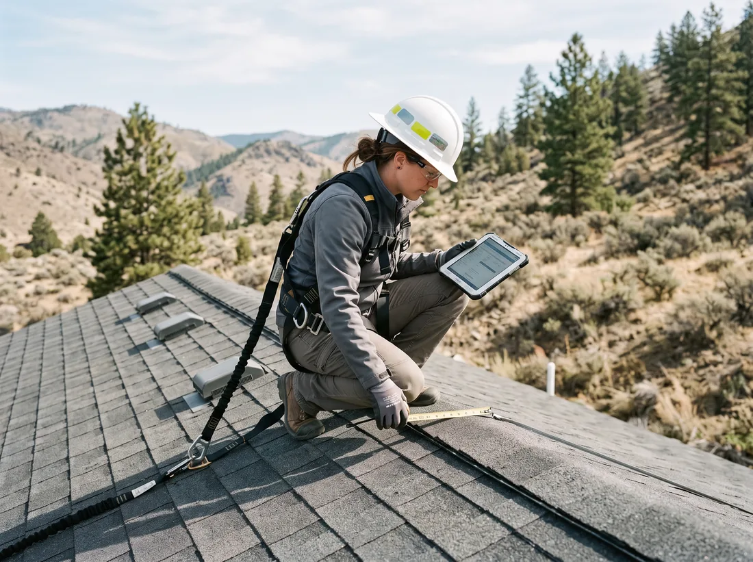 Harnessed solar assessor measuring a roof plane with a tape and tablet