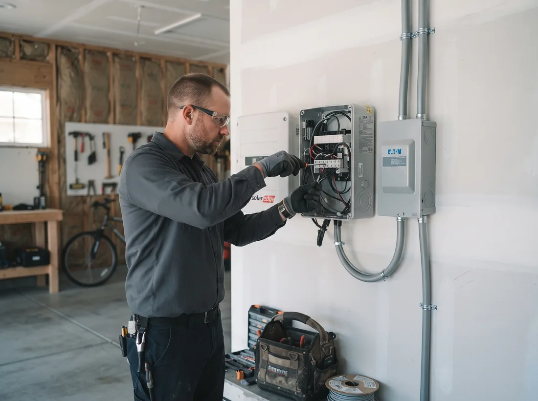 Electrician wiring a wall-mounted solar inverter in a residential garage