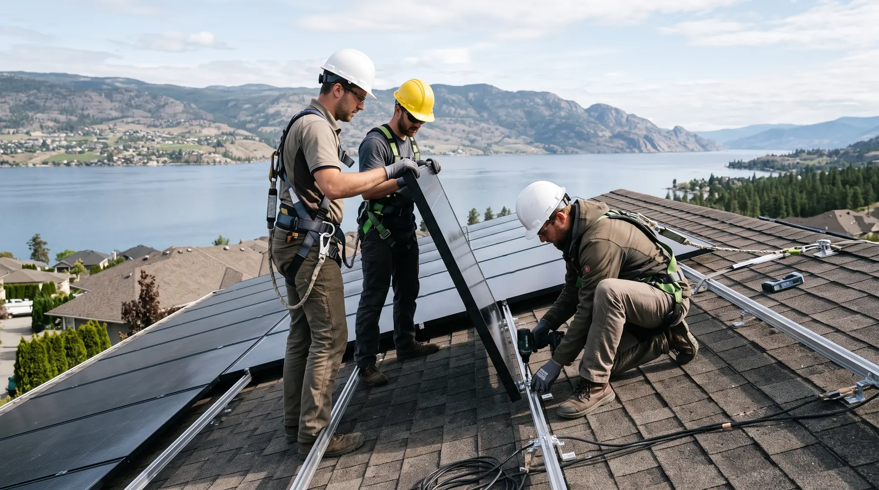 Three harnessed solar installers fitting a panel together on a West Kelowna roof above the lake
