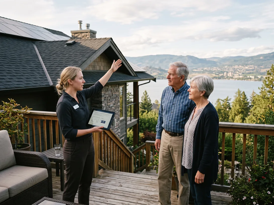 Solar consultant with a tablet talking with a retired couple on their deck above Okanagan Lake