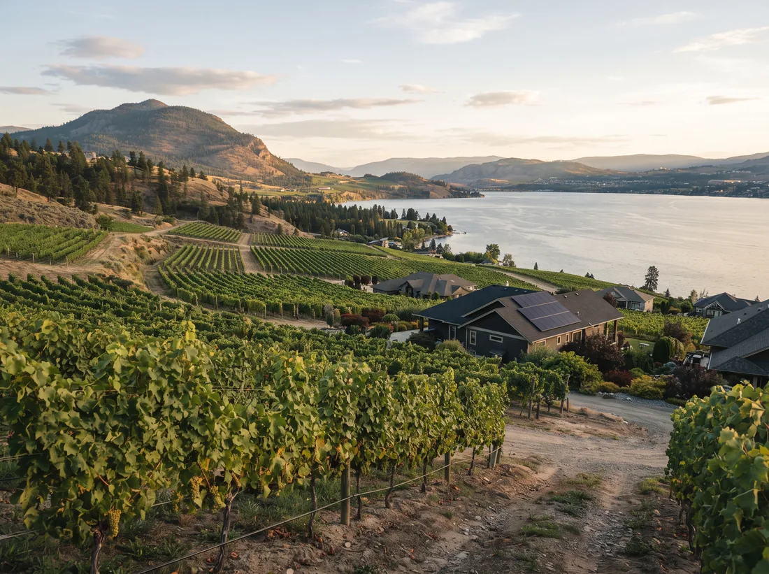 Vineyard rows on a West Kelowna bench running down to Okanagan Lake, with Mount Boucherie beside them