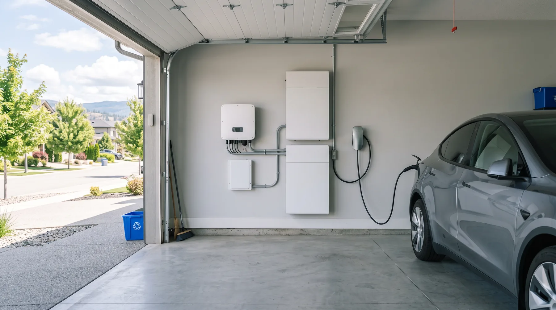 Two wall-mounted home batteries and a hybrid inverter in a garage beside an electric car