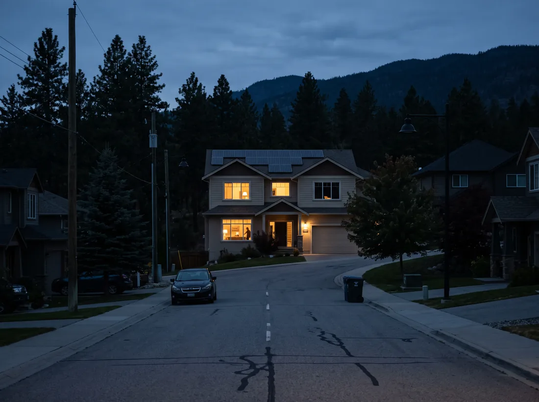 Dusk on a West Kelowna street during an outage, with one solar home still lit