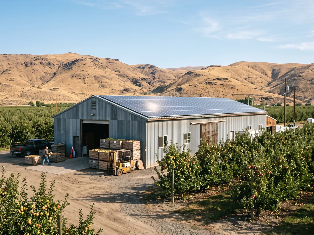 Orchard packing shed with a solar array along its south-facing roof on the Westside