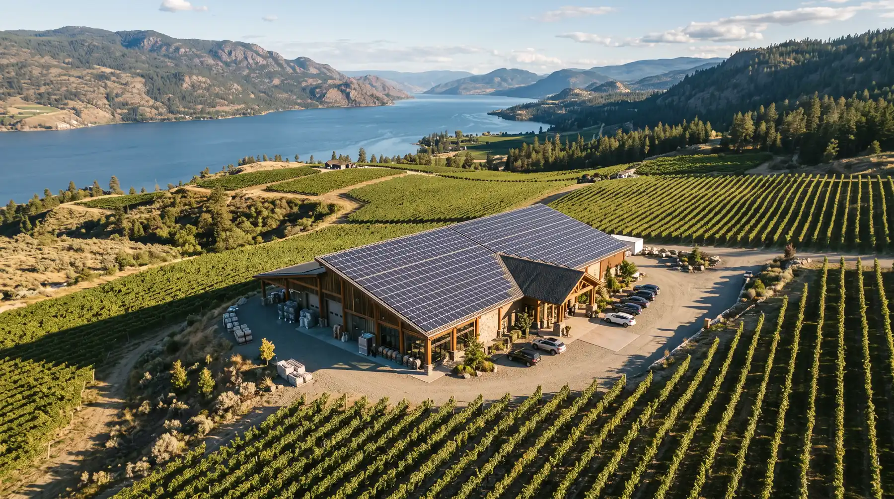 Aerial view of a winery building with solar panels across its roof among vineyard rows above Okanagan Lake
