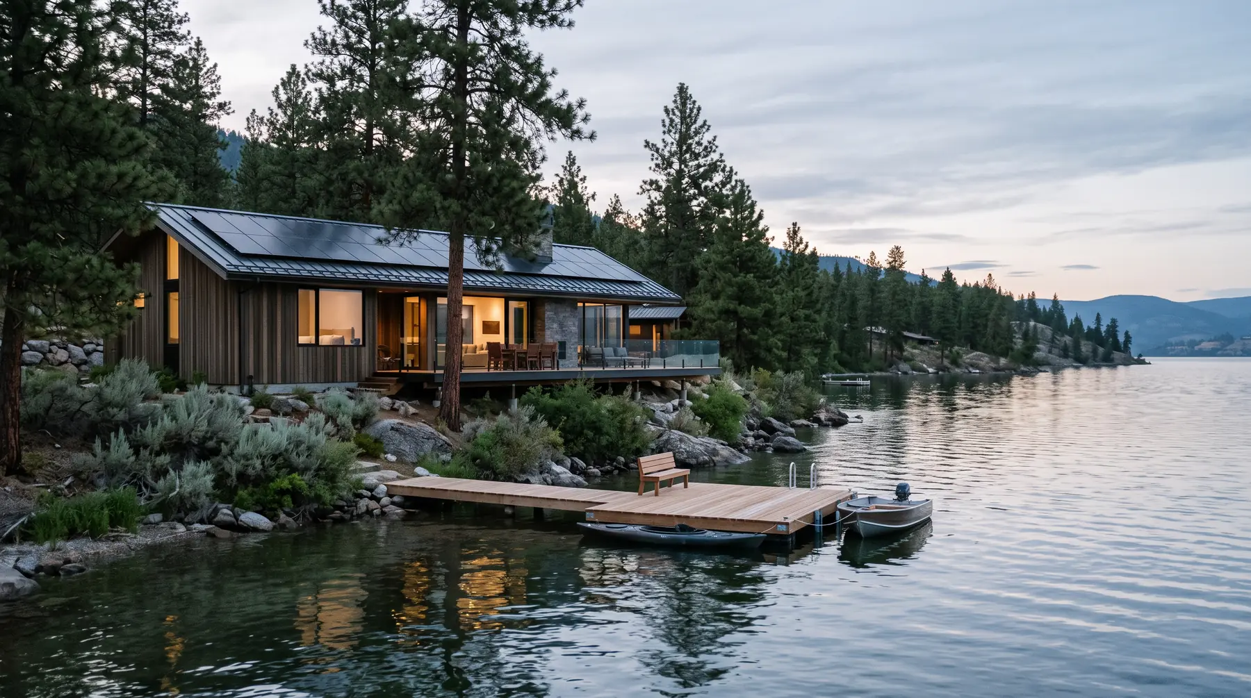 Lakeside home with solar panels on the west shore of Okanagan Lake