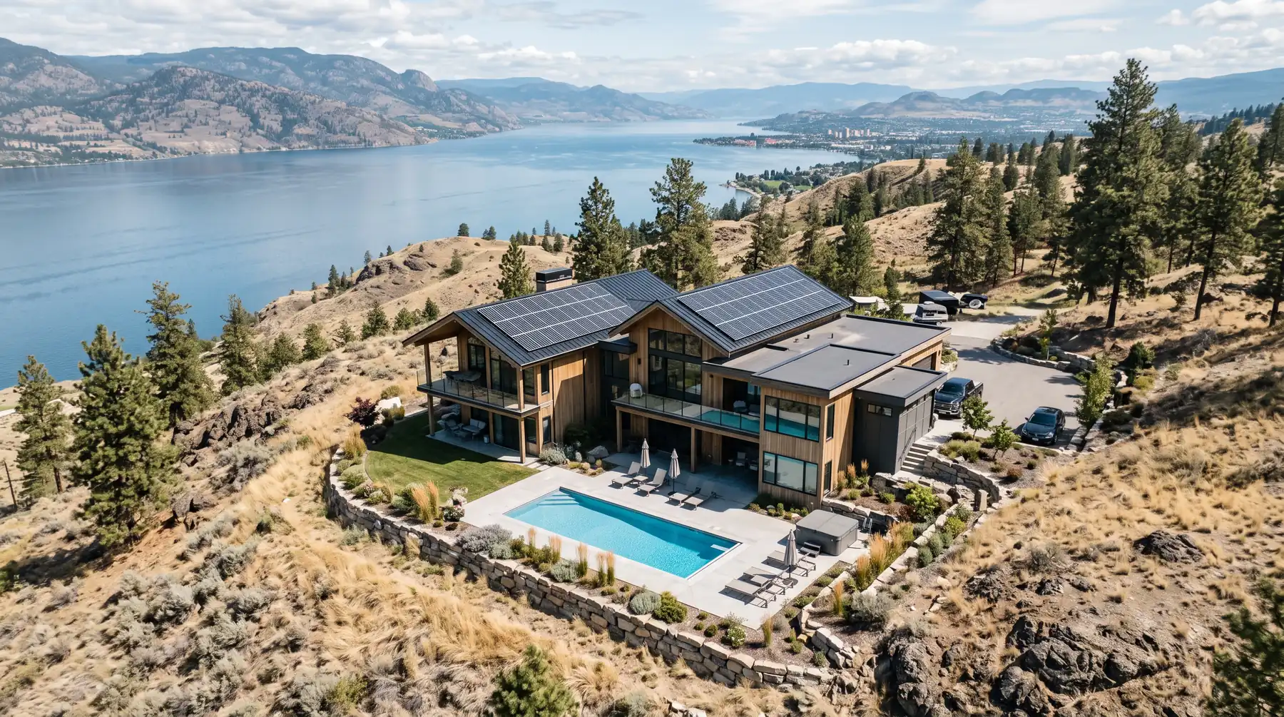 Aerial view of a West Kelowna home with solar panels on two roof planes