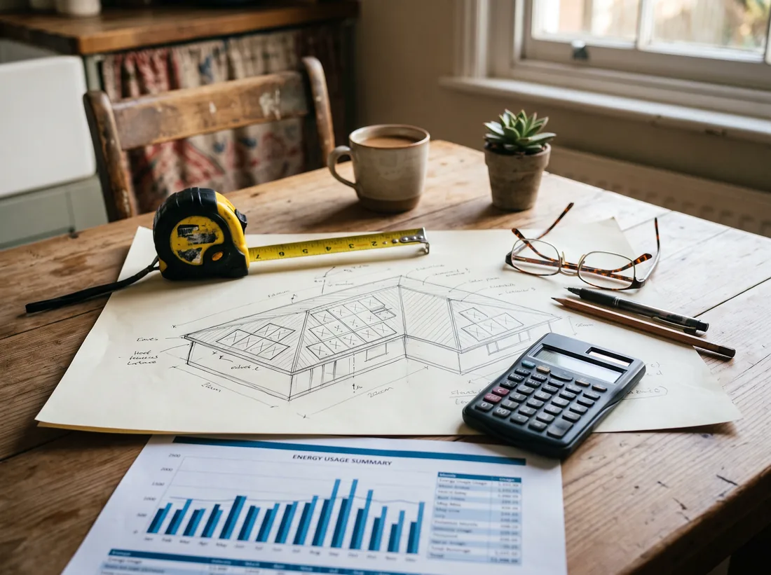 Roof sketch with panel layout, tape measure, calculator and energy chart on a table