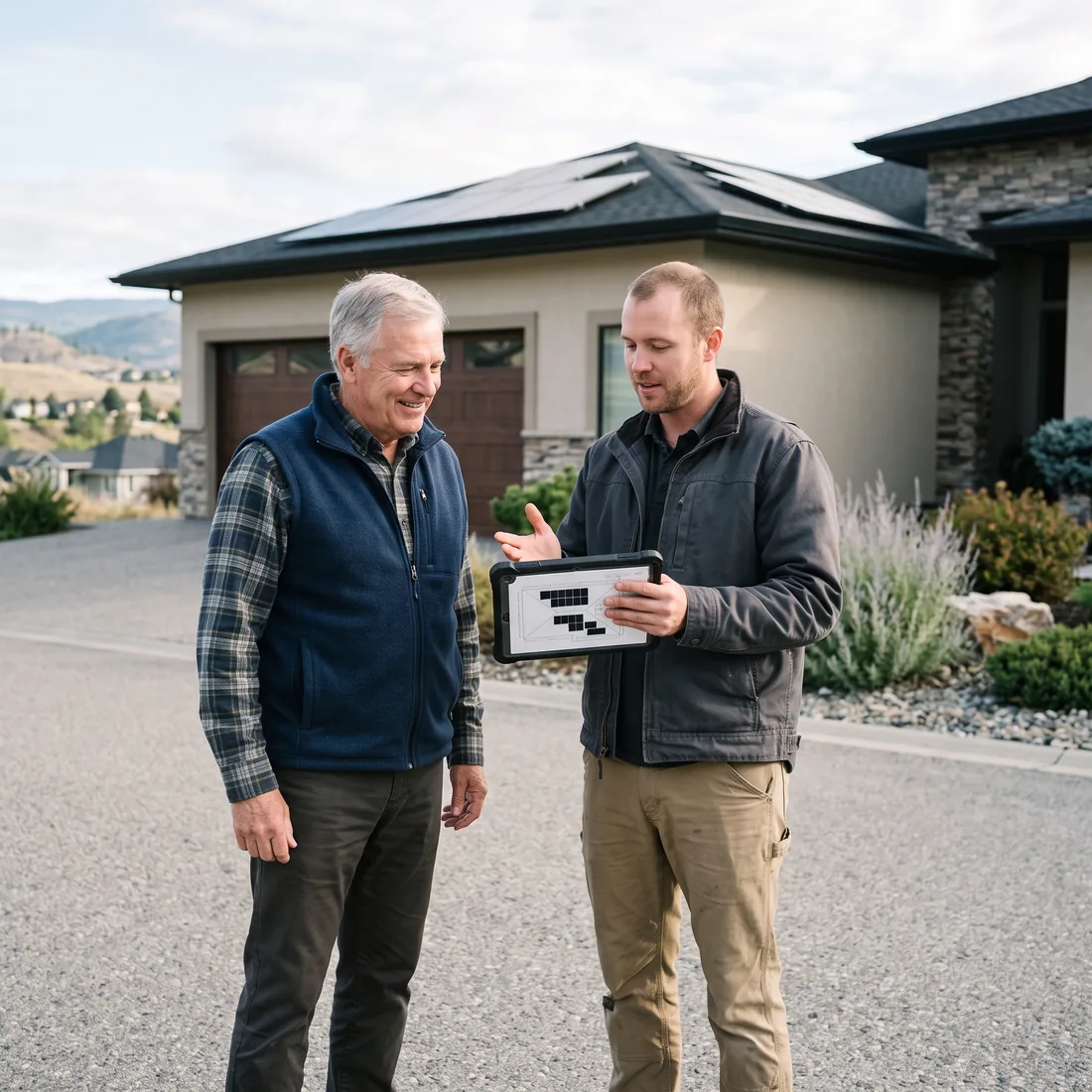 Homeowner and solar project manager reviewing a roof layout on a tablet in a driveway