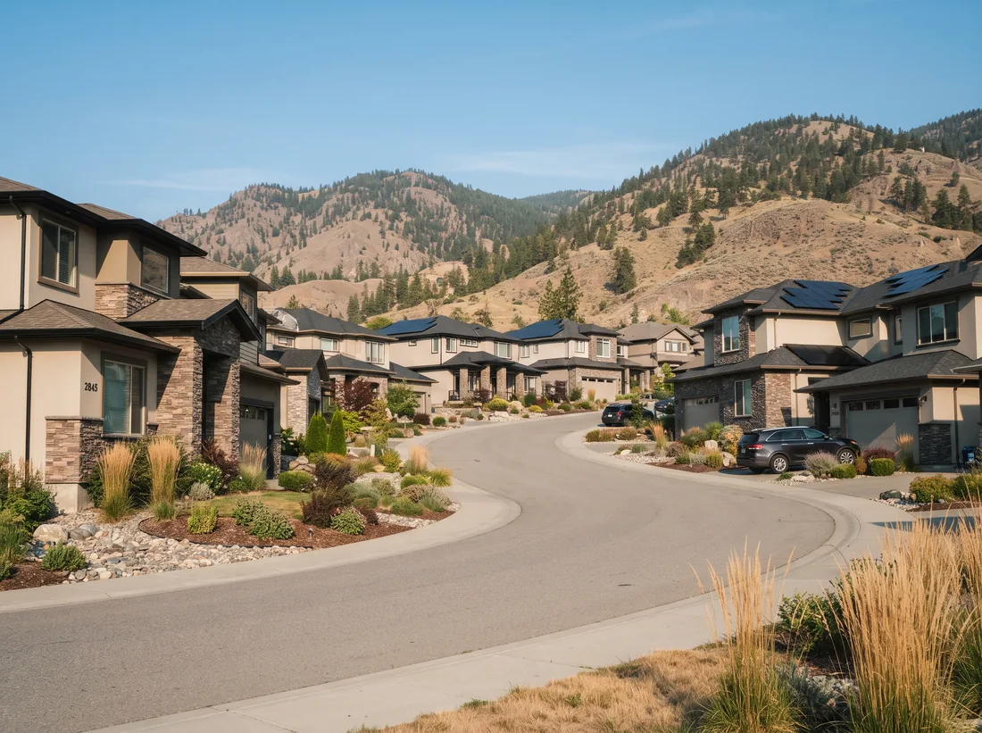 Street of newer West Kelowna homes with solar panels on several roofs below pine-covered hills