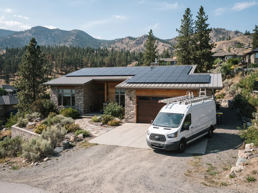 Unmarked installer van in the driveway of a home with rooftop solar near Fintry