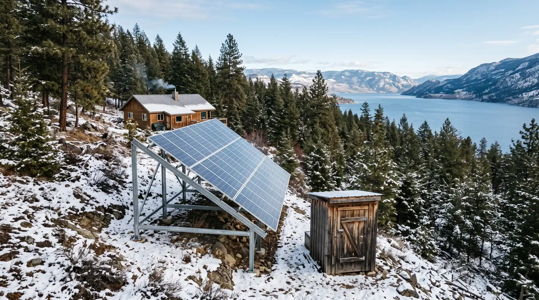 Ground-mounted off-grid solar array beside a battery shed on an acreage above Okanagan Lake