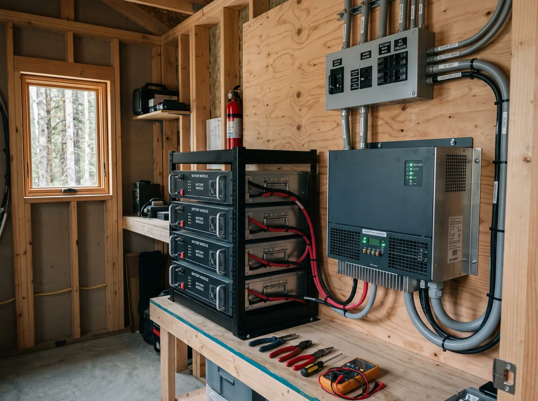 Battery rack and off-grid inverter-charger on a cabin utility room wall