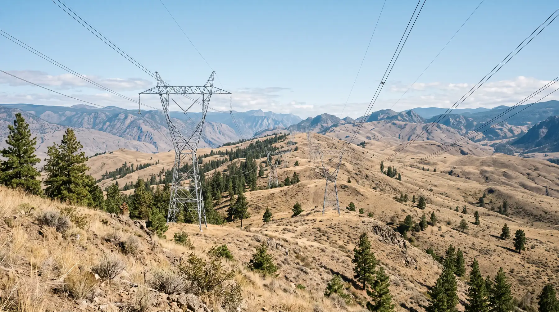 A single high-voltage transmission line crossing dry pine-dotted hills in BC