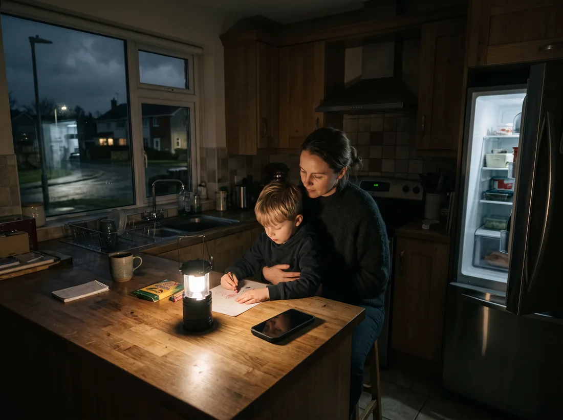 Family kitchen lit by a battery lantern during an evening power outage