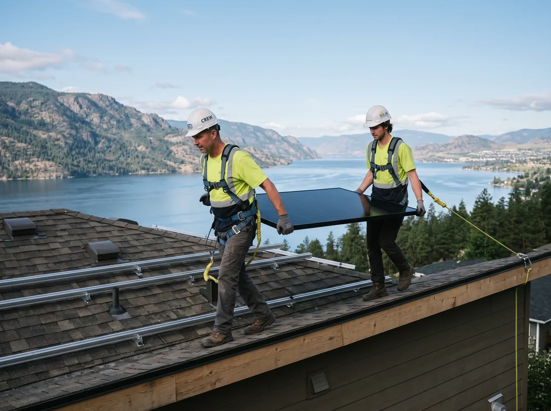Two harnessed installers carrying a solar panel along a roof above Okanagan Lake