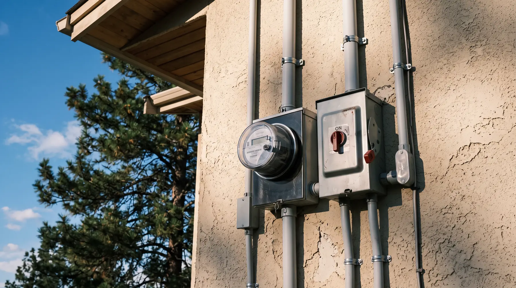 Electricity meter and solar disconnect switch on the stucco wall of a West Kelowna house