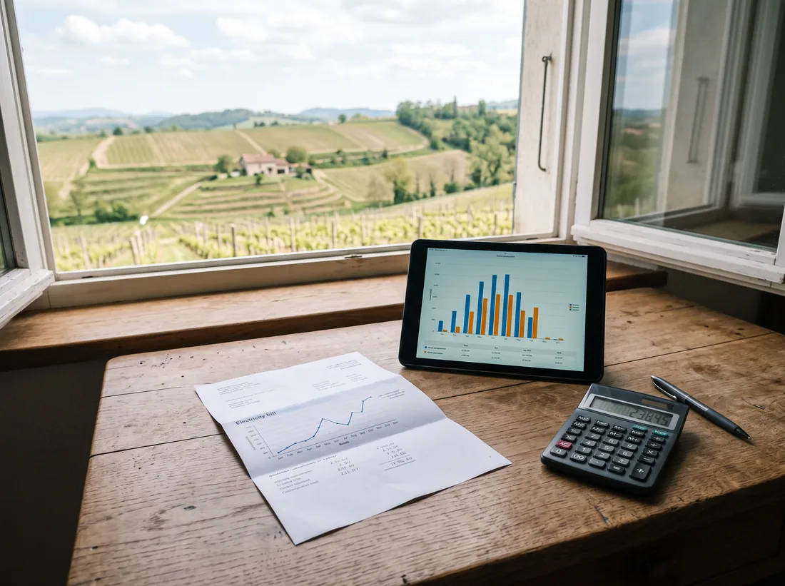 Electricity bill, tablet with a solar production graph and a calculator on a desk by a window