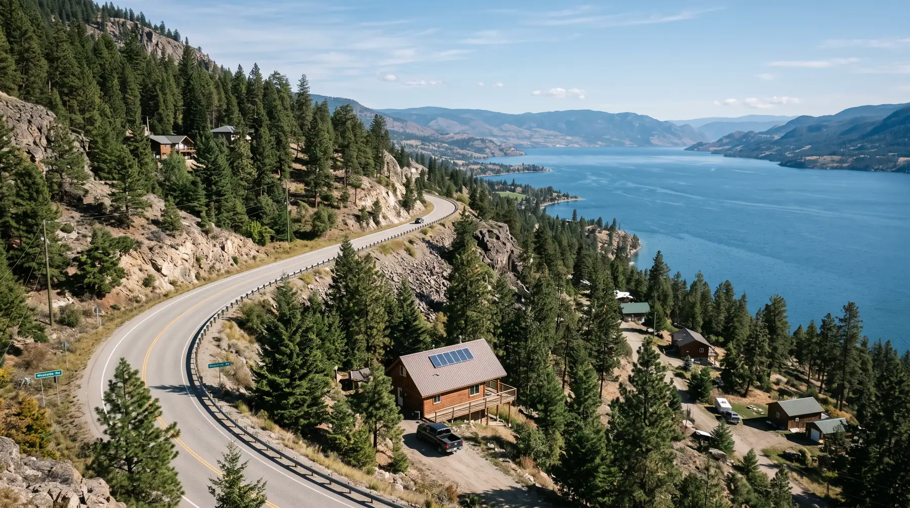 Westside Road winding above Okanagan Lake past rural homes in the pines, near Fintry