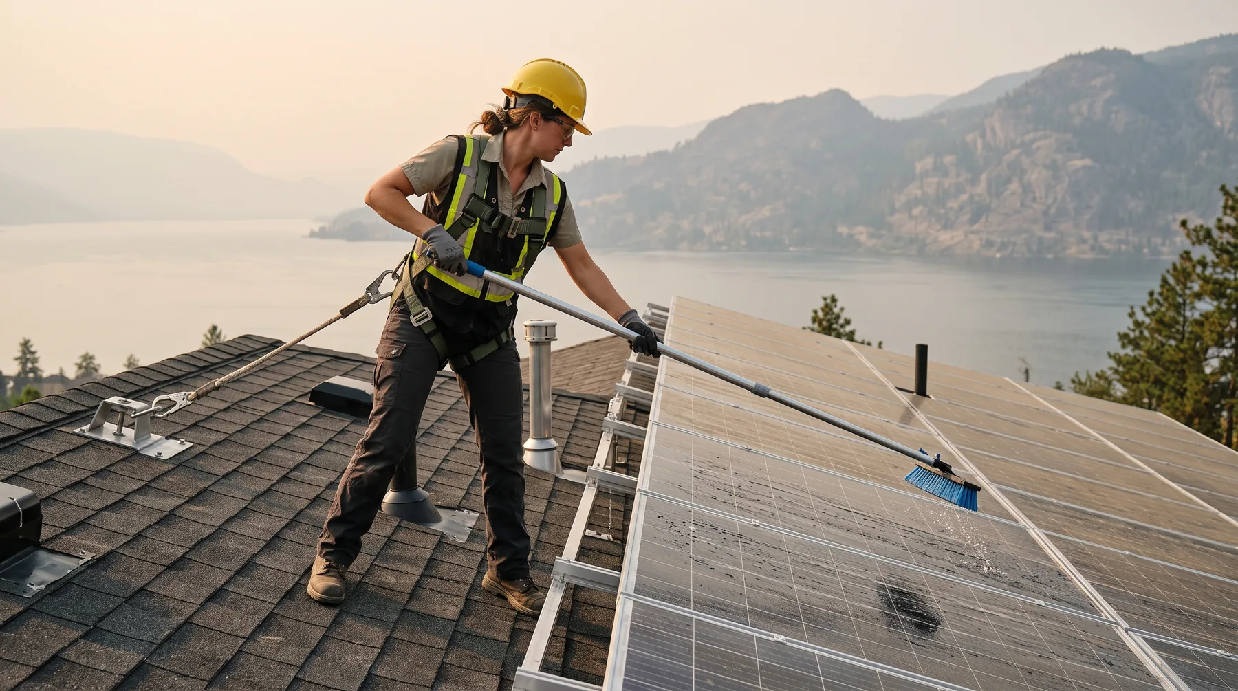 Technician on a ladder at the roof edge cleaning dusty solar panels with a soft brush on a pole