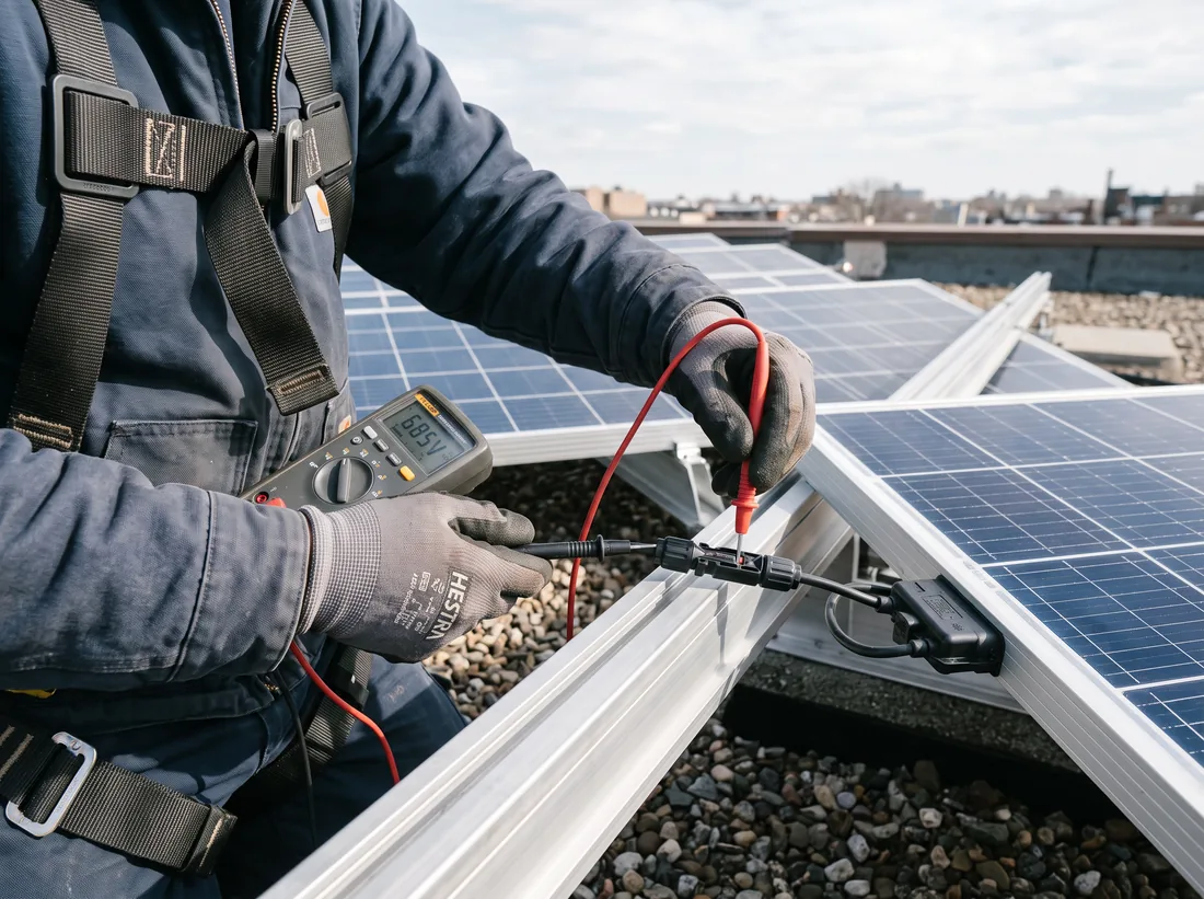 Technician testing a solar panel string connector with a multimeter on a roof