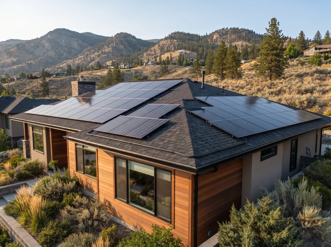 Solar panels split across the south and west roof planes of a West Kelowna home