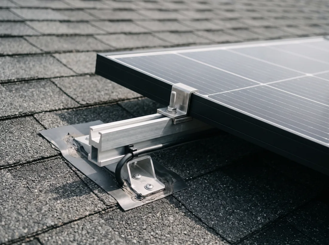 Close-up of solar racking rails, clamps and a flashed roof attachment