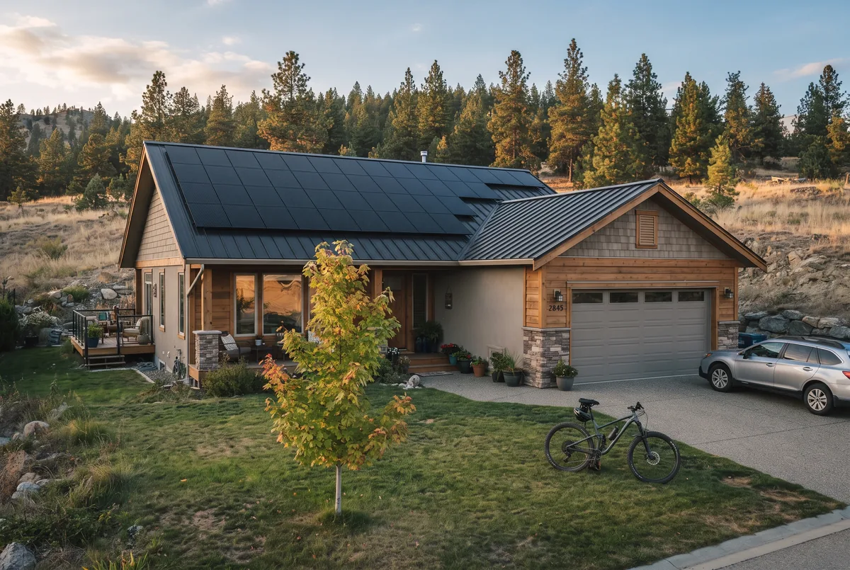 Family home in West Kelowna with black solar panels across its south-facing roof