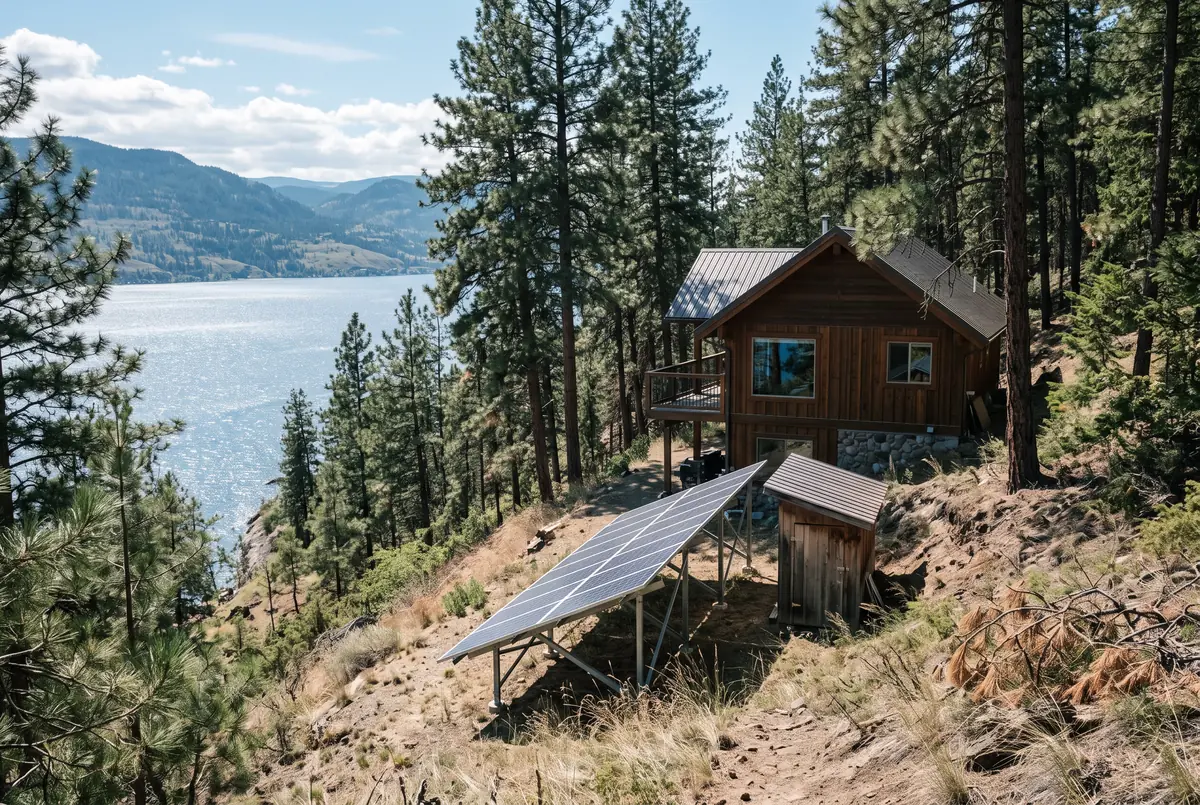 Timber cabin among pines above Okanagan Lake with a ground-mounted solar array