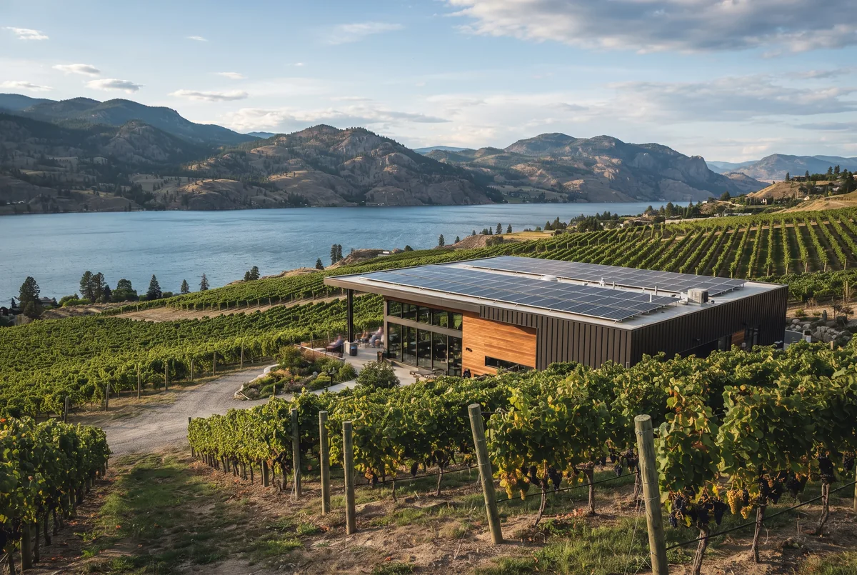Winery building with solar panels on its roof among vineyard rows above Okanagan Lake