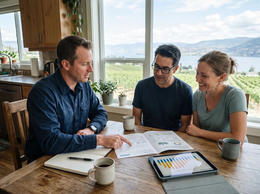 Solar consultant going through an energy report with a couple at their kitchen table